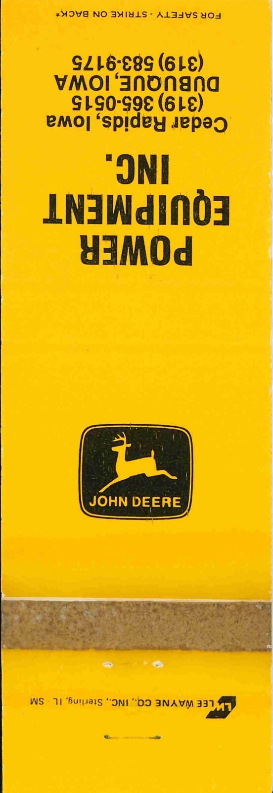 John Deere Matchbook Cover Power Equipment Cedar Rapids IA