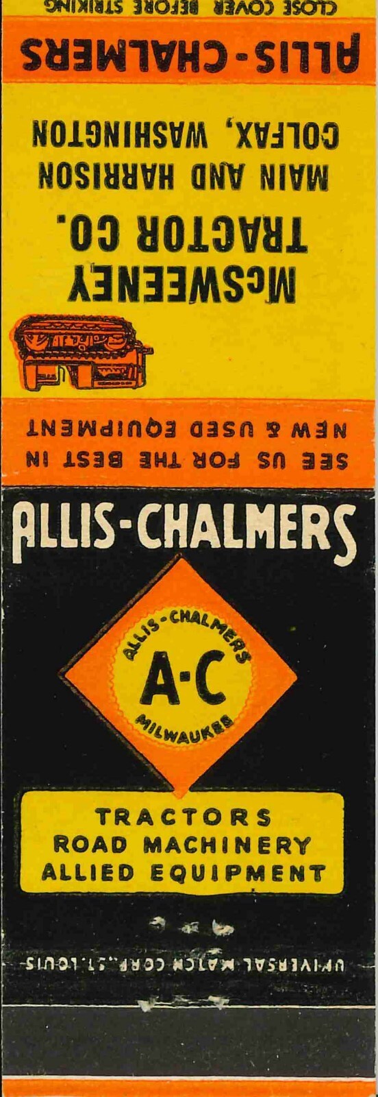 Matchbook Cover Allis Chalmers Crawler Tractor McSweeney Tractor Colfax WA