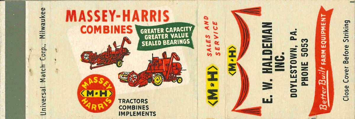 Matchbook Cover Massey Harris Combines E W Haldeman Doylestown Pennsylvania