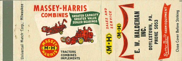Matchbook Cover Massey Harris Combines E W Haldeman Doylestown Pennsylvania