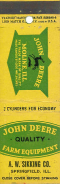 John Deere Matchbook Cover QFE A W Sikking Co Springfield Illinois