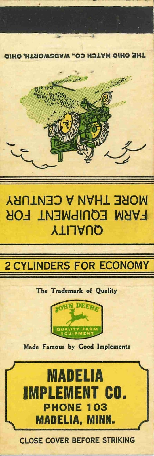 John Deere Matchbook Cover A w/ Mower Madelia Implement CO Madelia Minnesota