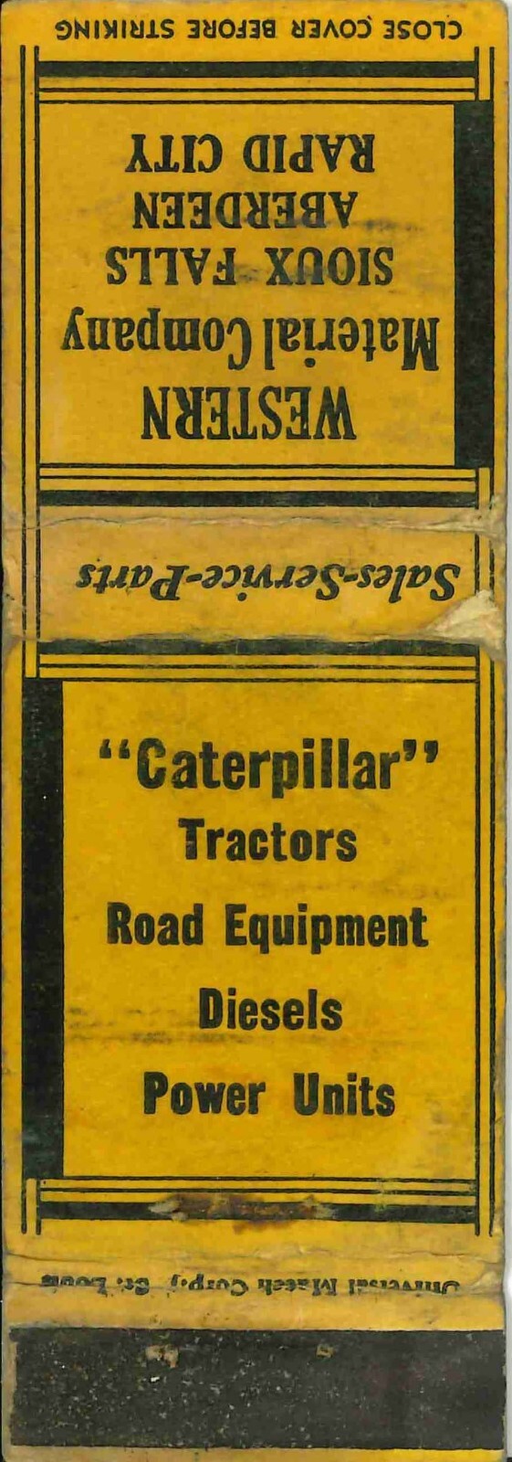 Matchbook Cover Caterpillar Western Material Co Sioux Falls South Dakota