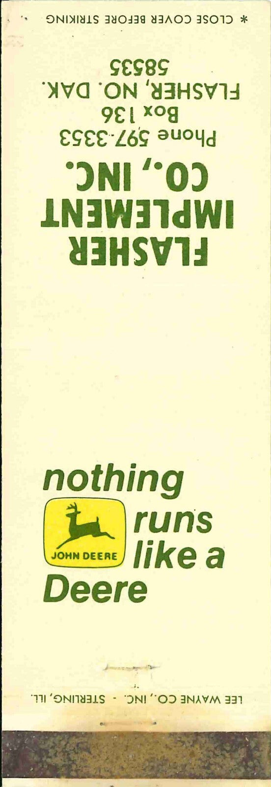 John Deere Matchbook Cover 2 Leg Flasher Imp Co Flasher ND