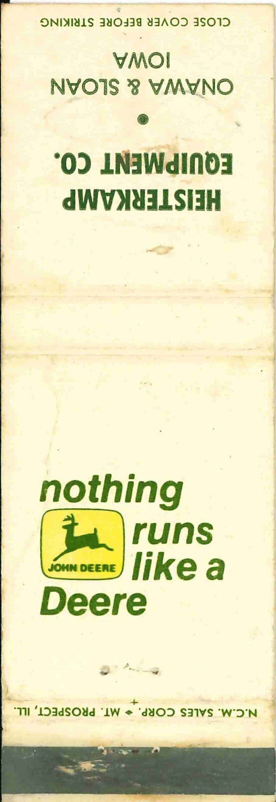 John Deere Matchbook Cover 2 Leg Heisterkamp Equip Onawa Sloan IA