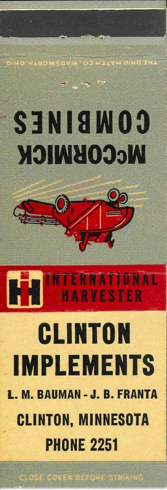 Matchbook Cover International Harvester Combine Clinton Implements Minnesota