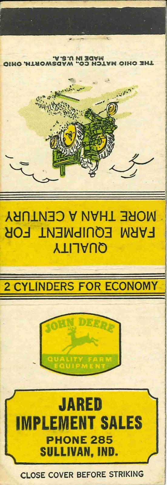 John Deere Matchbook Cover A w/ Mower Jared Imp Sales Sullivan Indiana