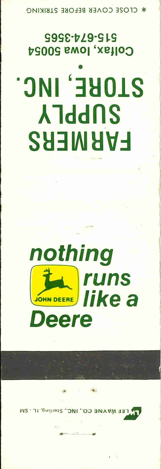 John Deere Matchbook Cover 2 Leg Farmers Supply Store Caolfax IA