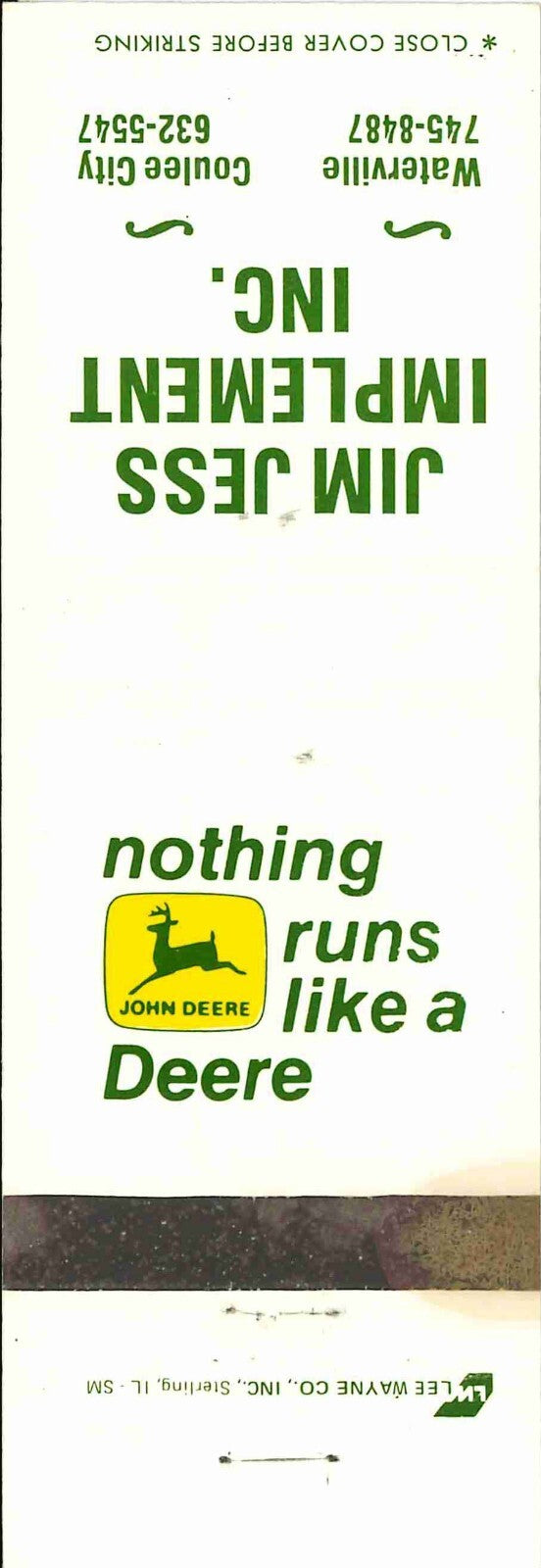 John Deere Matchbook Cover 2 Leg Jim Jess Imp Waterville Coulee City