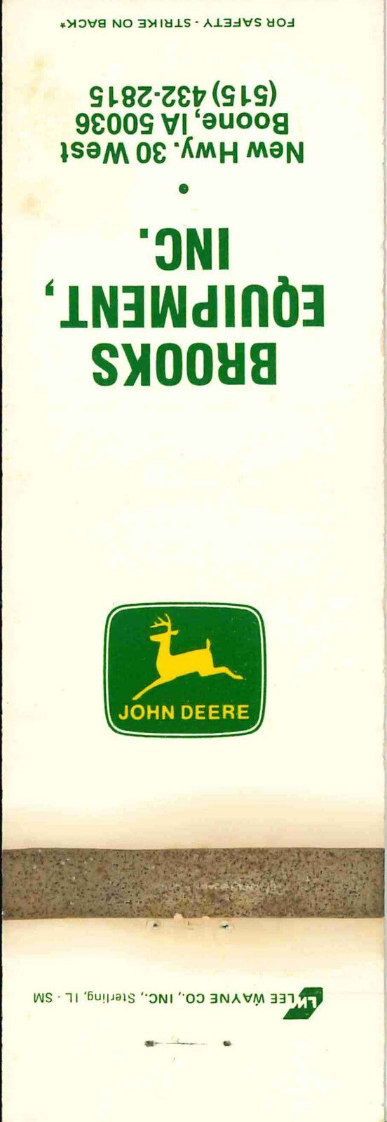 John Deere Matchbook Cover 2 Leg Brooks Equip Boone IA