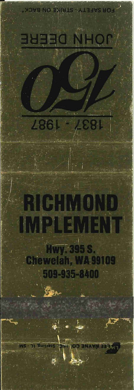John Deere Matchbook Cover Richmond Implement Chewelah, WA