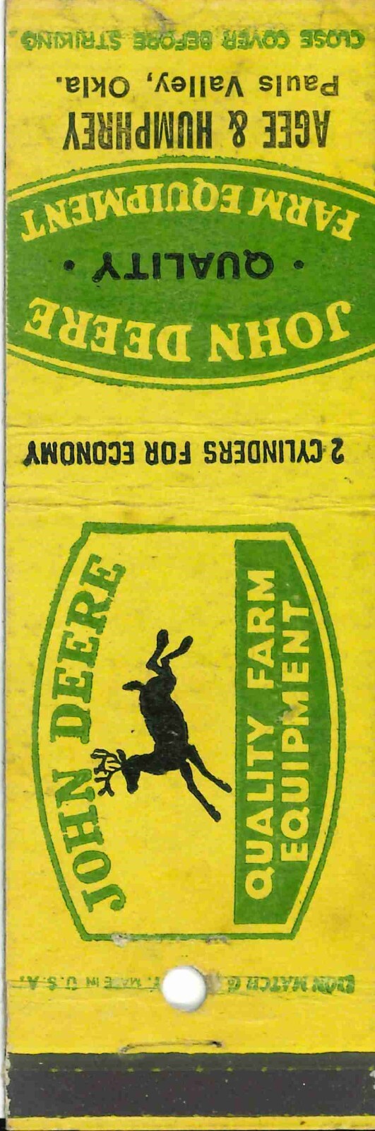 John Deere Matchbook Cover QFE Agee & Humphrey Pauls Valley Oklahoma