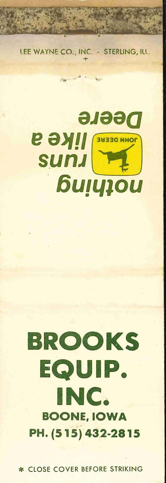 John Deere Matchbook Cover 2 Leg Brooks Equip Inc Boone IA