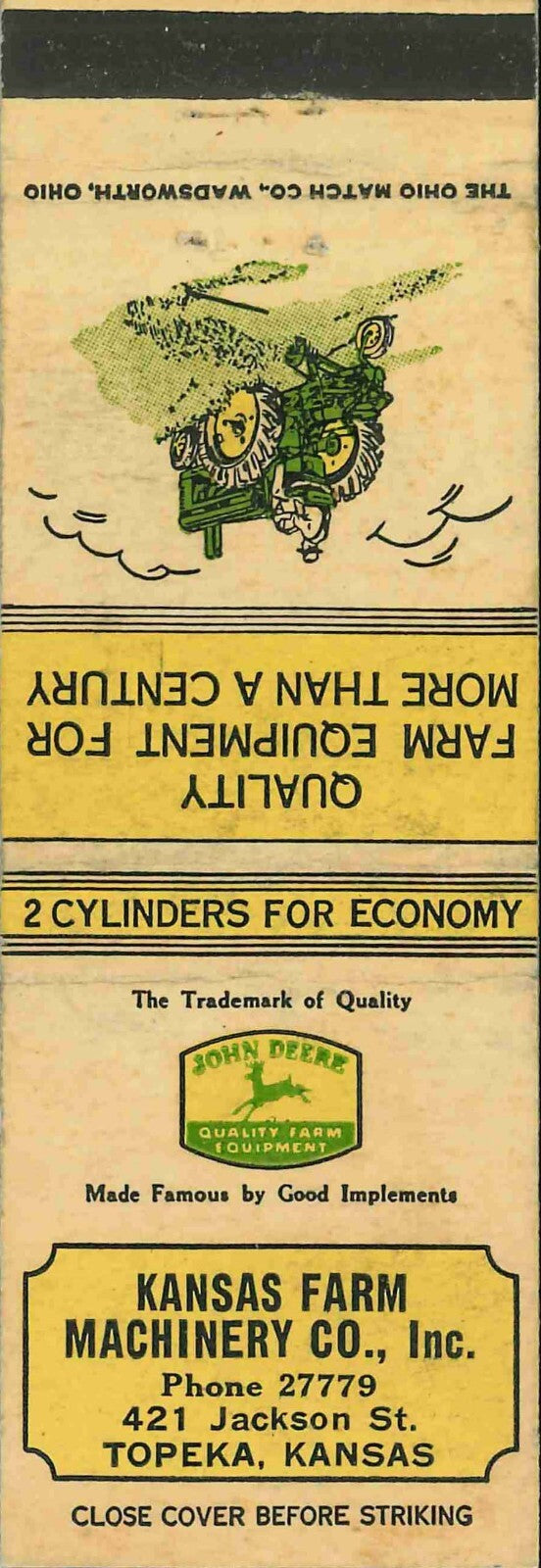 John Deere Matchbook Cover A w/ Mower Kansas Farm Machine Topeka KS