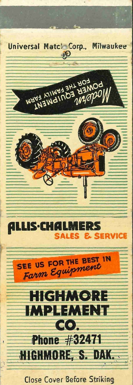 Matchbook Cover Allis Chalmers Highmore Imp Co Highmore South Dakotah