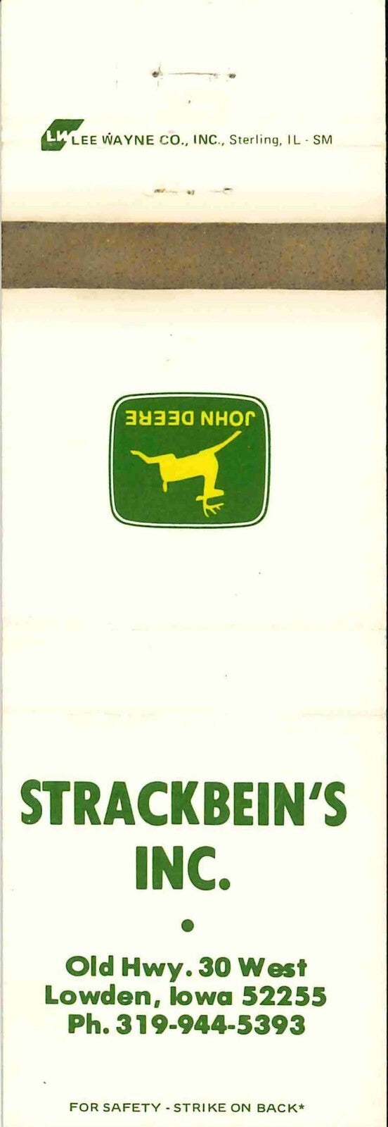 John Deere Matchbook Cover 2 Leg Strackbeins Inc Lowden IA