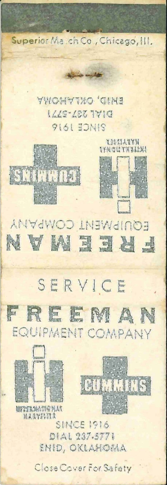Matchbook Cover International Harvester Cummins Freeman Equip Enid OK
