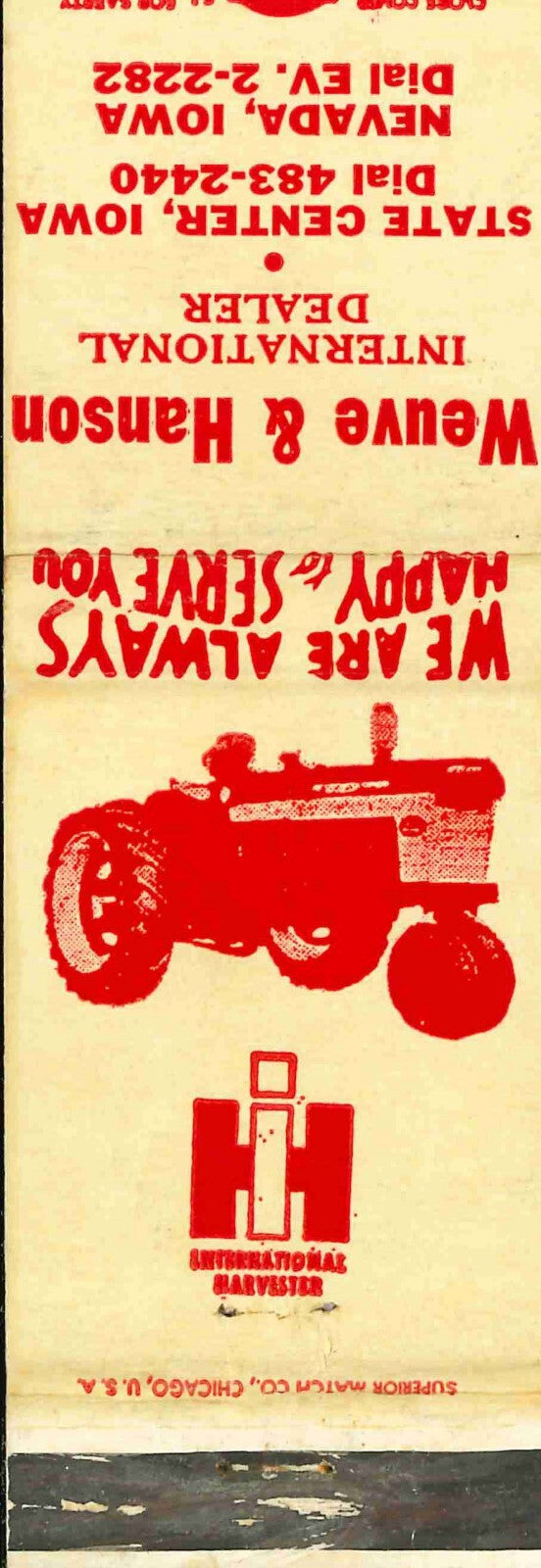 Matchbook Cover International Harvester 460 Weuve Hanson Nevada State Center IA