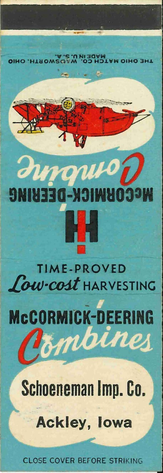 Matchbook Cover International Harvester Combine Schoeneman Imp Co Ackley Iowa