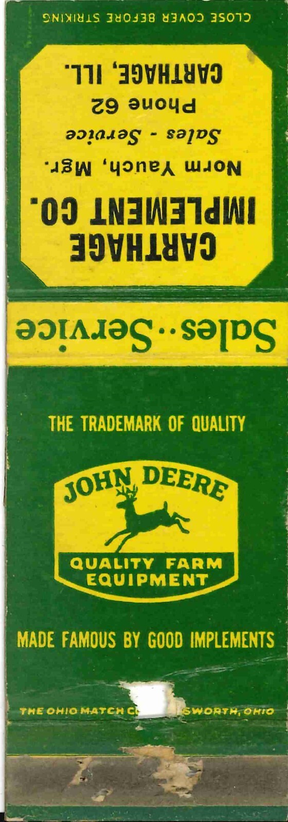 John Deere Matchbook Cover QFE Carthage Implement Co Carthage Illinois