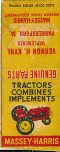 Matchbook Cover Massey Harris Tractor Vernon H Kyhl Parkersburg Iowa