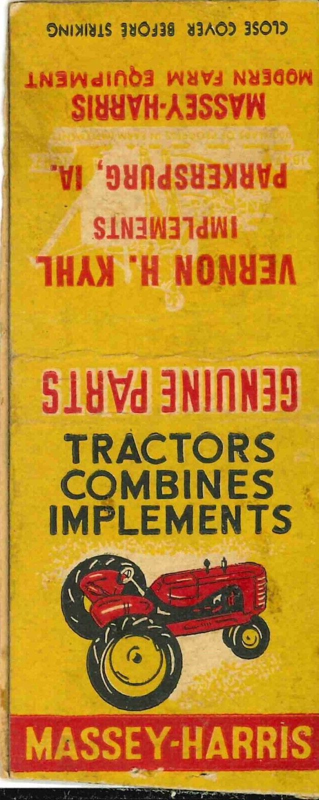 Matchbook Cover Massey Harris Tractor Vernon H Kyhl Parkersburg Iowa