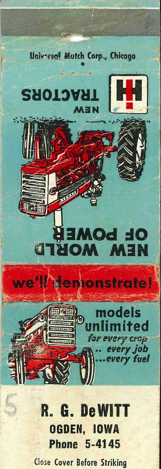 Matchbook Cover International Harvester R G DeWitt Ogden Iowa