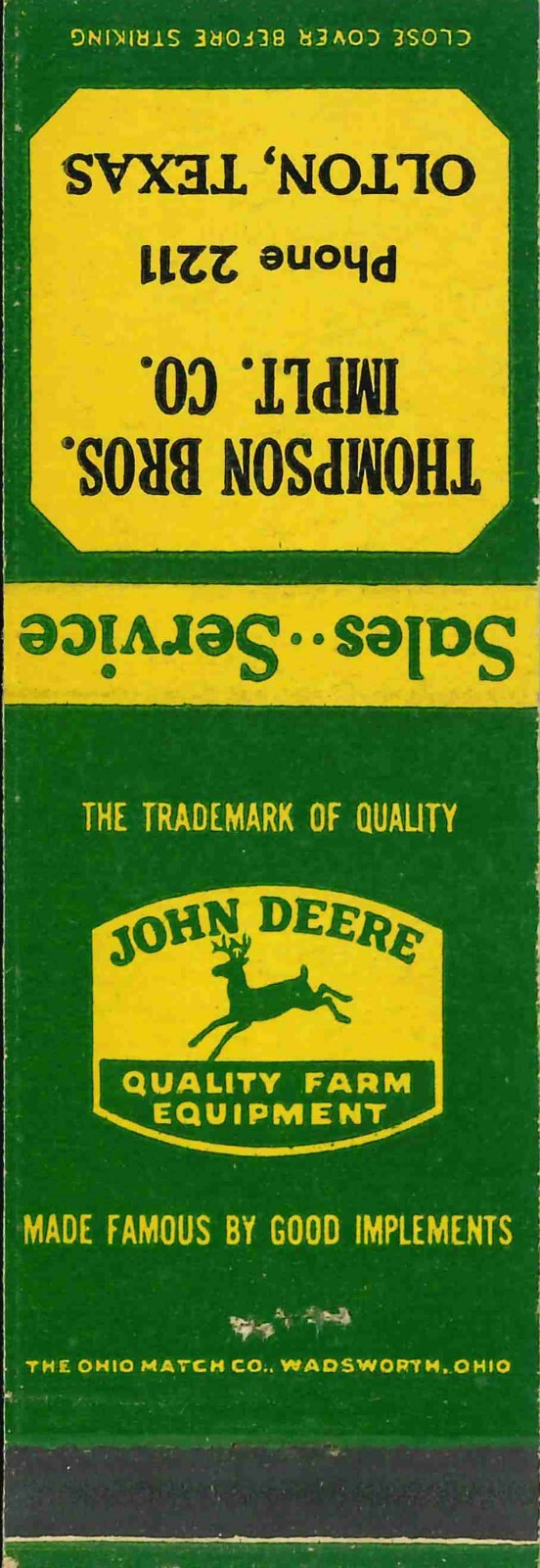 John Deere Matchbook Cover Thompson Bros Olton TX