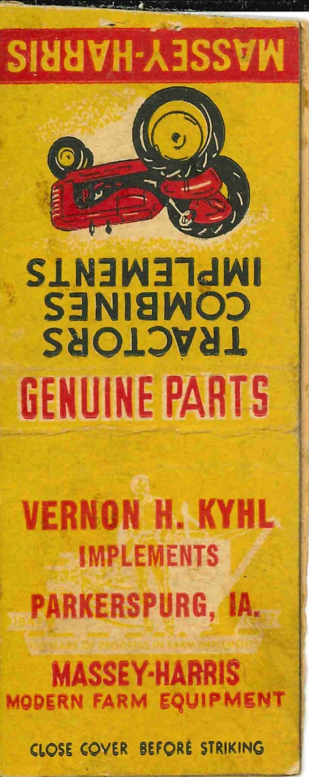 Matchbook Cover Massey Harris Tractor Vernon H Kyhl Parkersburg Iowa