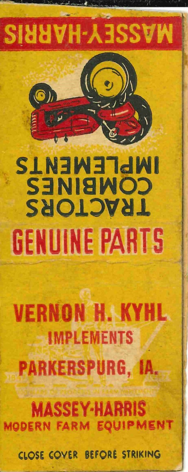 Matchbook Cover Massey Harris Tractor Vernon H Kyhl Parkersburg Iowa