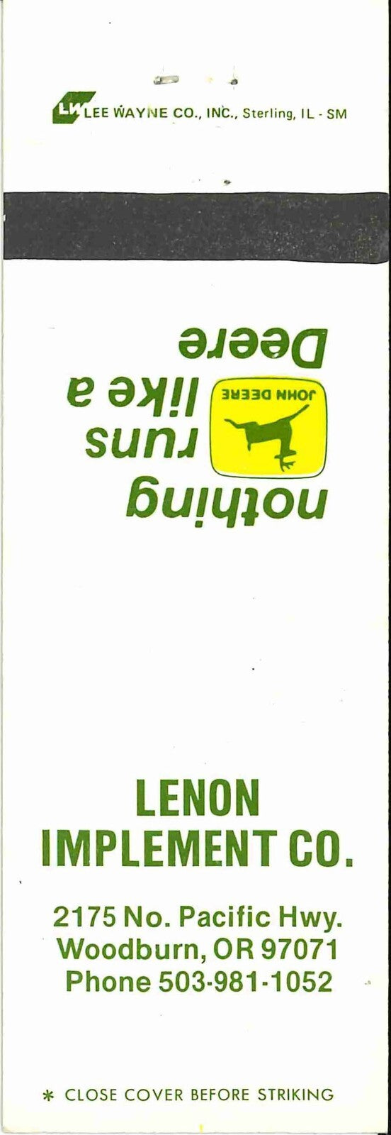 John Deere Matchbook Cover 2 Leg Lenon Implement Woodburn OR