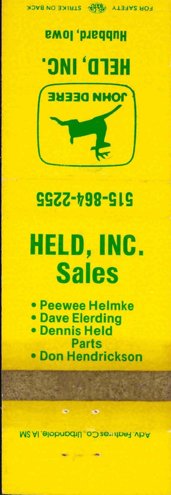 John Deere Matchbook Cover Held Inc Hubbard IA