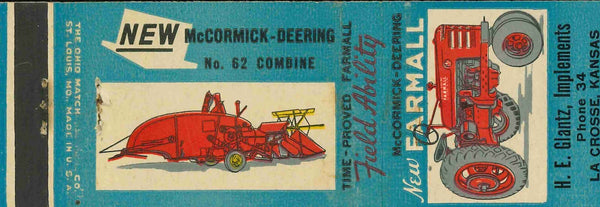 Matchbook Cover Farmall H Combine Truck H E Glantz La Crosse Kansas