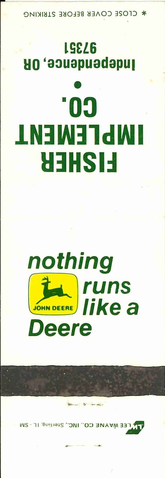 John Deere Matchbook Cover 2 Leg Fisher Imp Co Independence OR