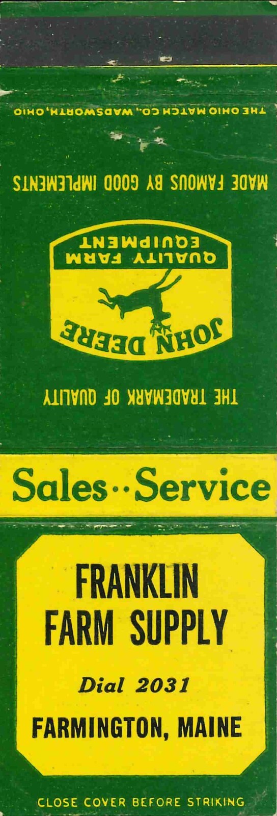 John Deere Matchbook Cover QFE Franklin Farm Supply Farmington Maine