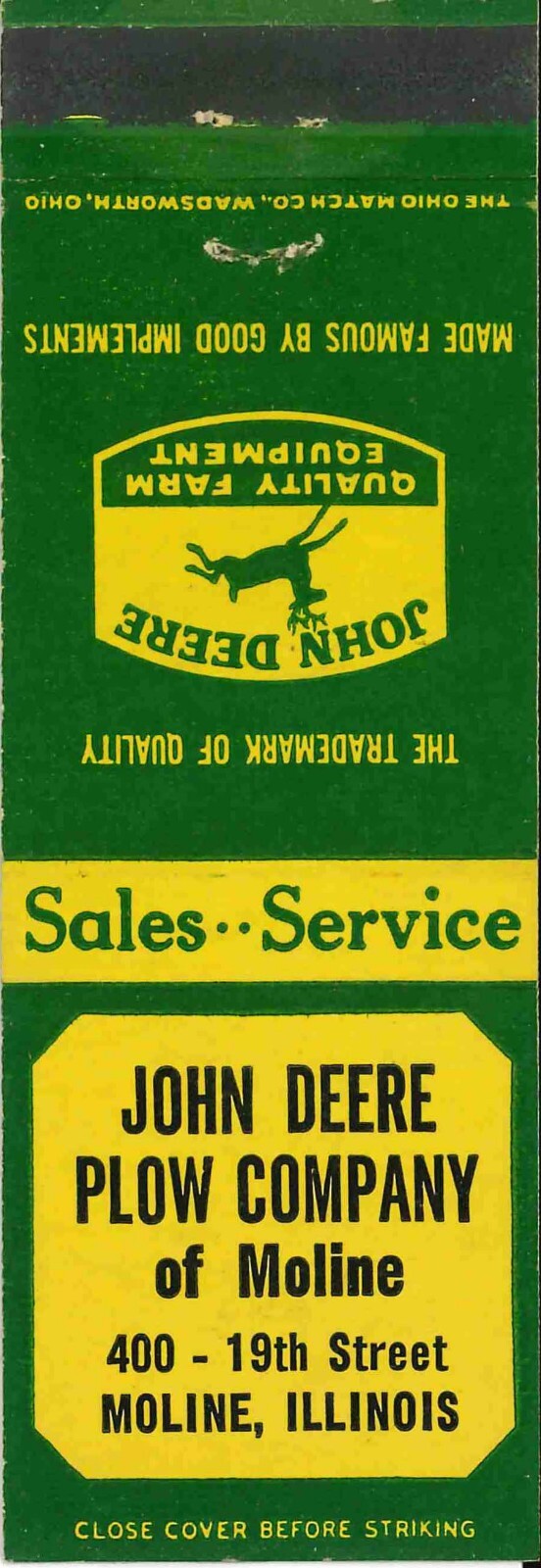 John Deere Matchbook Cover John Deere Plow Co Moline IL