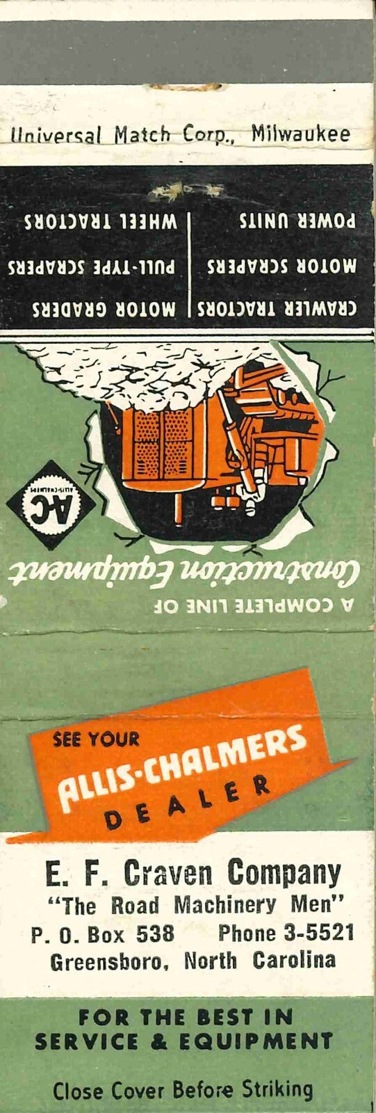 Matchbook Cover Allis Chalmers Crawler E F Craven Greensboro North Carolina