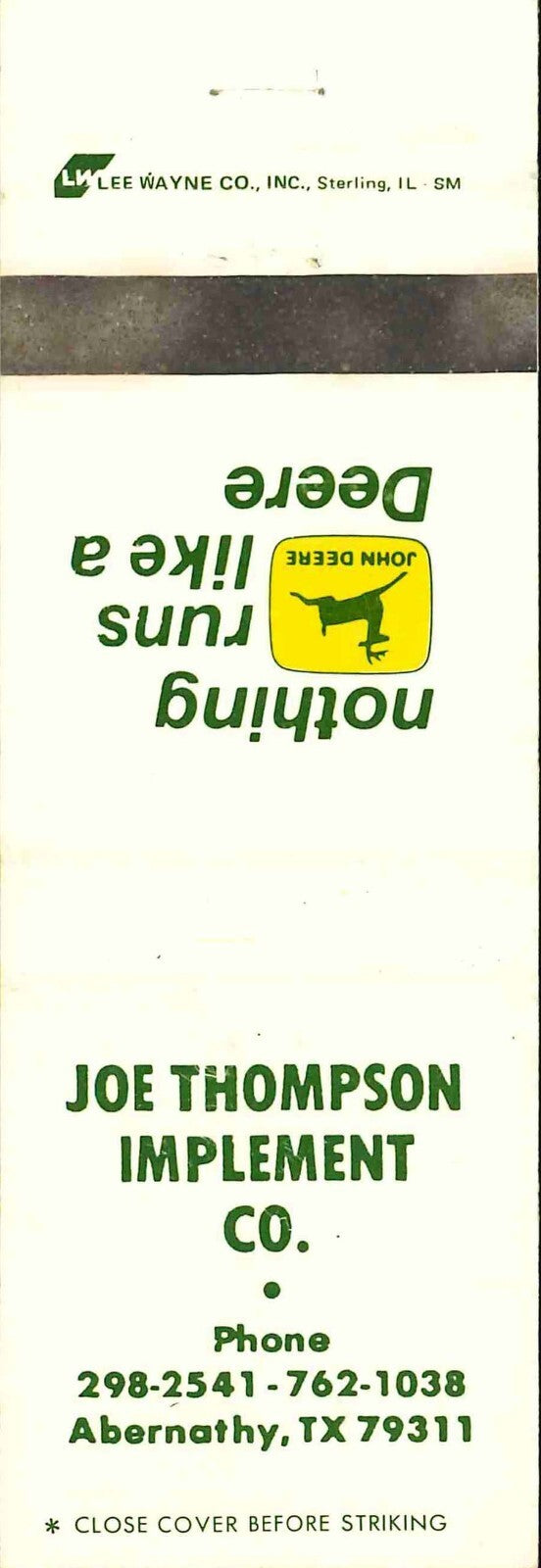 John Deere Matchbook Cover 2 Leg Joe Thompson Imp Abernathy TX