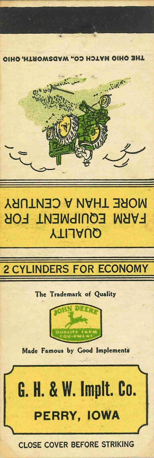 John Deere Matchbook Cover A w/ Mower G H & W Implt CO Perry Iowa