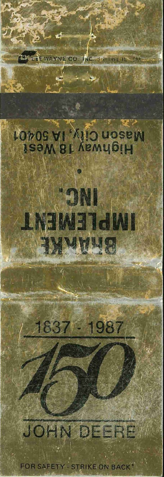John Deere Matchbook Cover 150th Brakke Implement Mason City IA