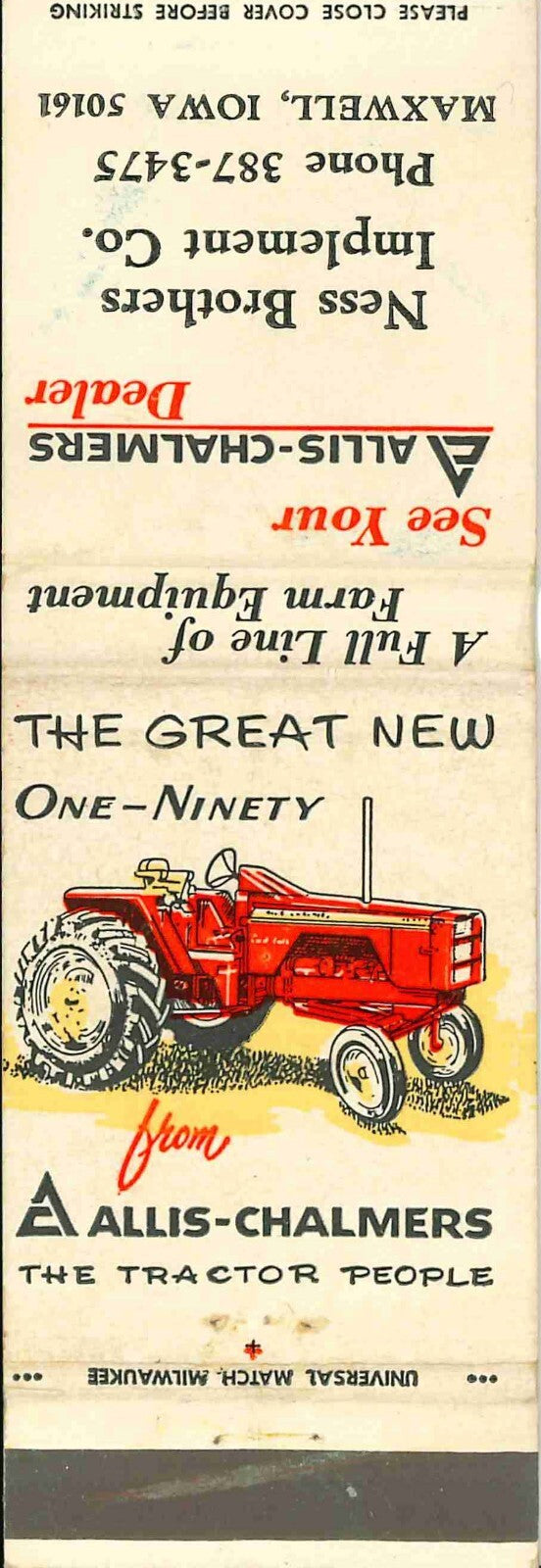 Matchbook Cover Allis Chalmers 190 Ness Bros Imp Maxwell Iowa