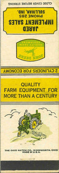 John Deere Matchbook Cover A w/ Mower Jared Imp Sales Sullivan Indiana