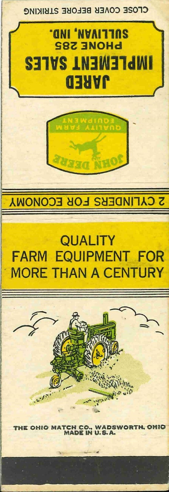 John Deere Matchbook Cover A w/ Mower Jared Imp Sales Sullivan Indiana