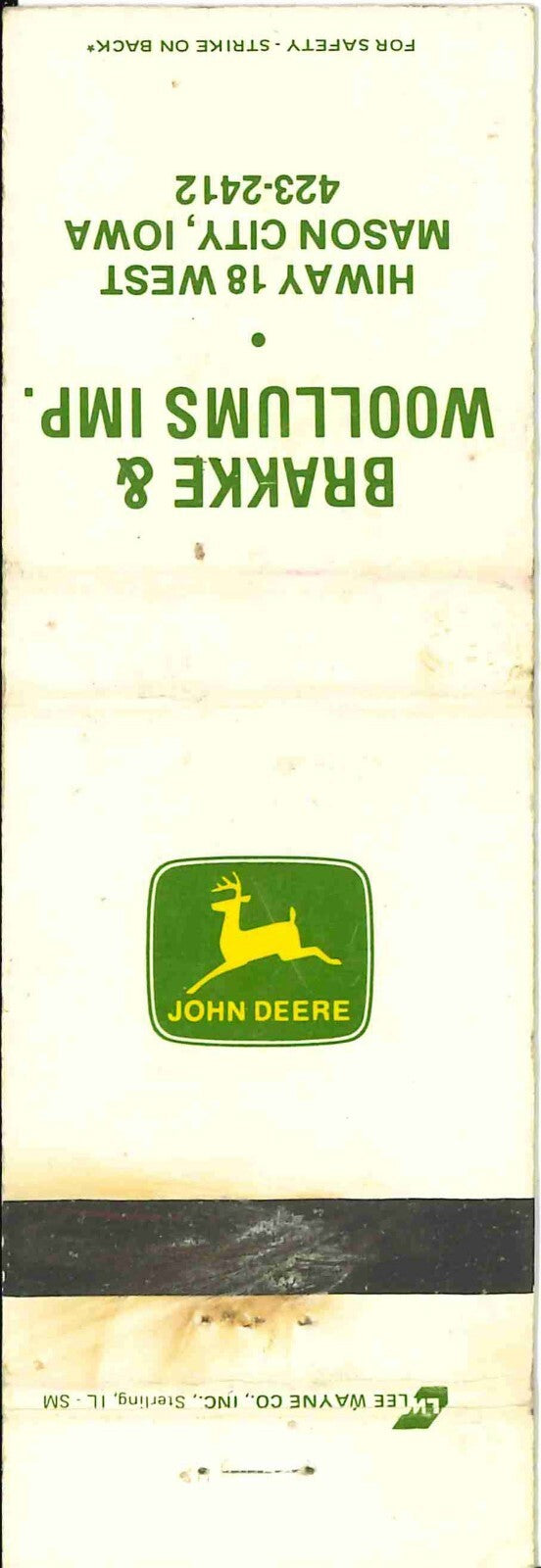 John Deere Matchbook Cover Brakke Woollums IMP Mason City IA