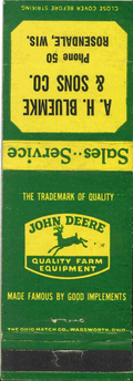 John Deere Matchbook Cover QFE A H Bluemke & Son Rosendale Wisconsin