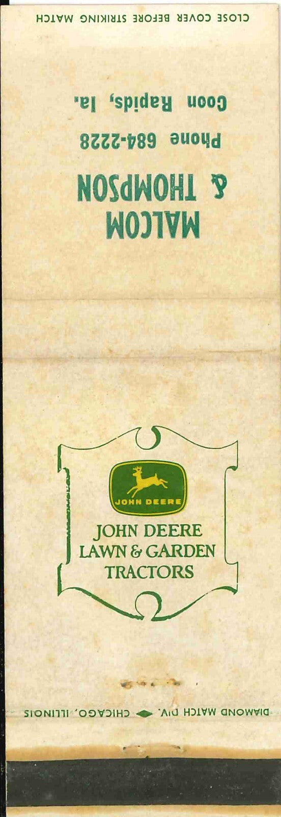 John Deere Matchbook Cover 4 Leg Lawn & Garden Malcom Thompson Coon Rapids IA