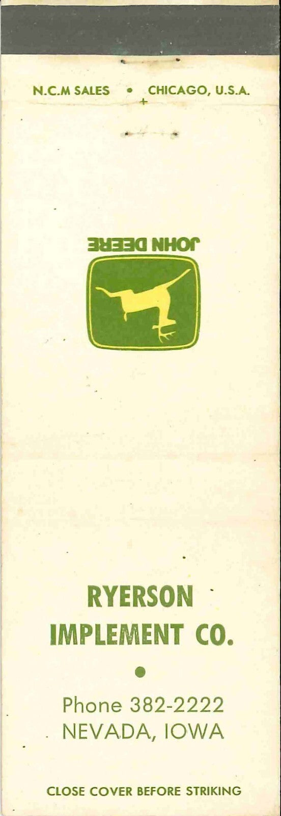 John Deere Matchbook Cover 2 Leg Ryerson Imp CO Nevada IA