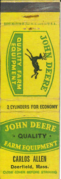 John Deere Matchbook Cover QFE Carlos Allen Deerfield Massachusetts 