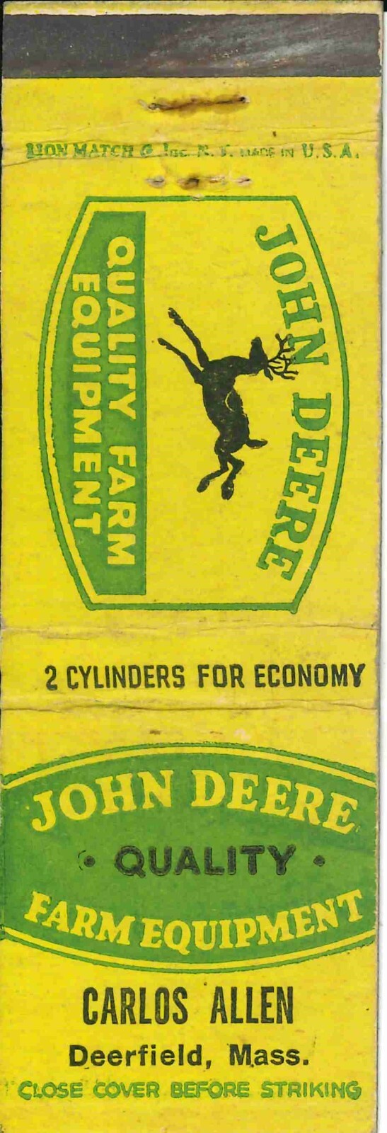 John Deere Matchbook Cover QFE Carlos Allen Deerfield Massachusetts 