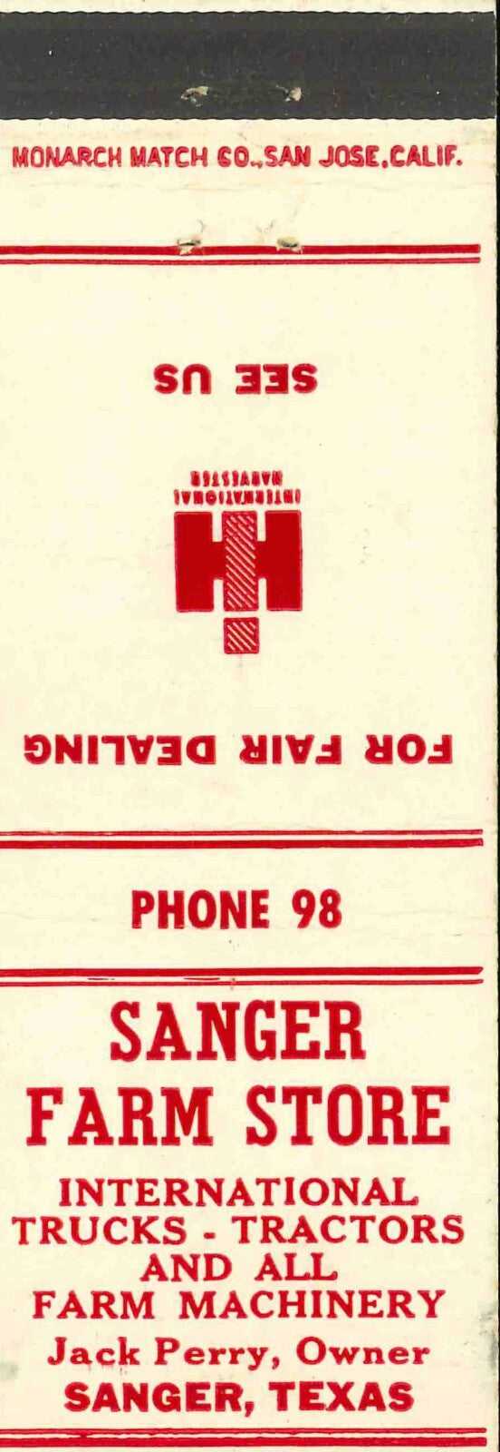 Matchbook Cover International Harvester Sanger Farm Store Sanger Texas